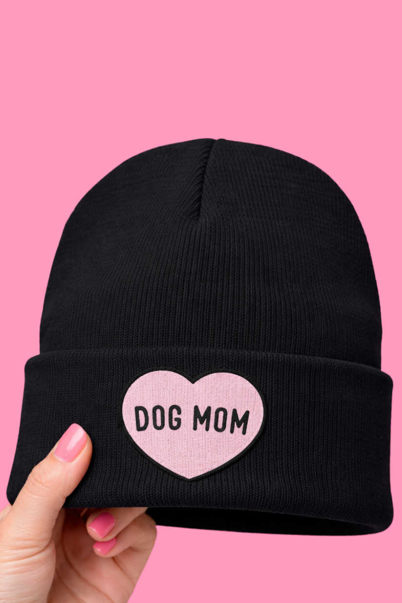 Embroidered Dog Mom Heart Beanie